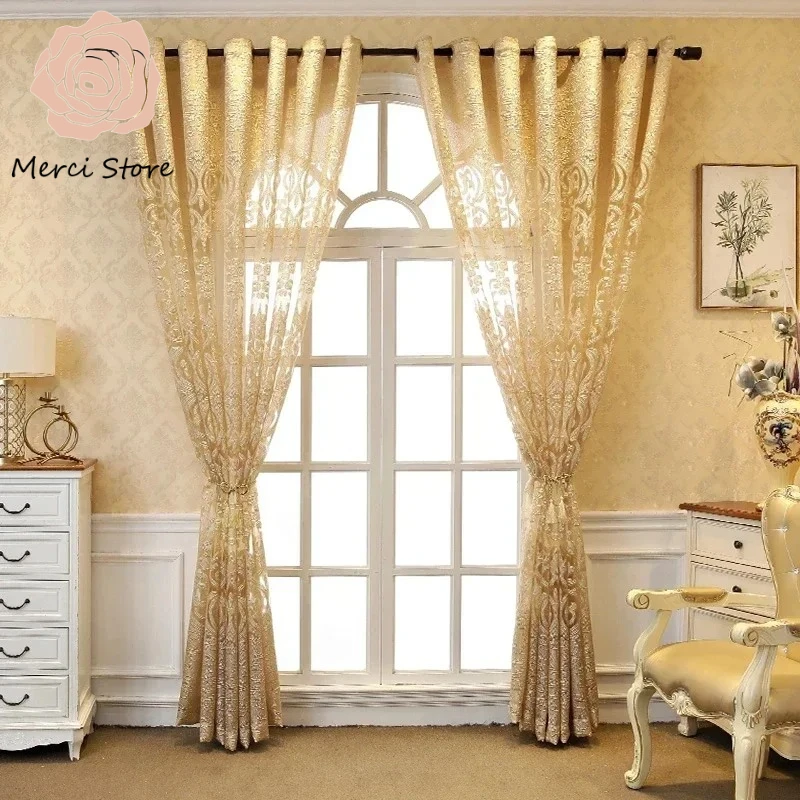 

Luxury European Gold Embroidered Tulle Curtains for Living Room Jacquard Voile Semi Sheer Drapes Door Window Romantic Home Decor