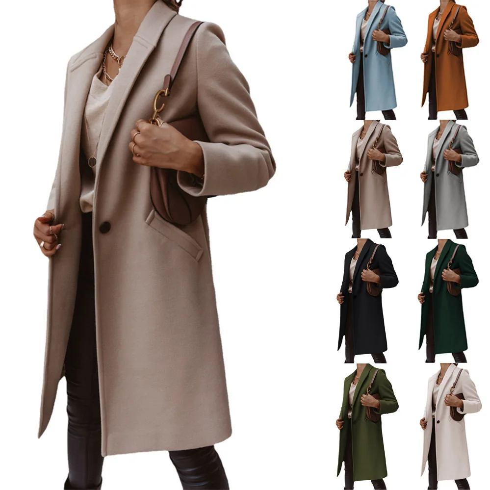 

Women's Autumn Winter Woolen Coat Pure Color Button Stand Collar Mid-Length Faionable Women's Clothing Faion Outerwear