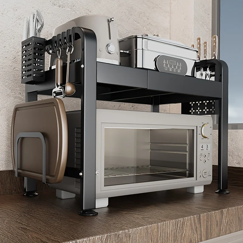 

1pc Retractable Microwave Rack, Kitchen Countertop Rack, Electric Cooker, Oven, Bread Maker Rack, Kitchen Spice Rack, Black and