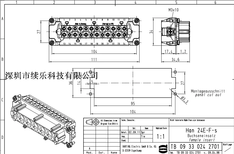 09330242701 HARTING Heavy Duty Connectors Han-24-E-F-s, Han 24 E BU-S