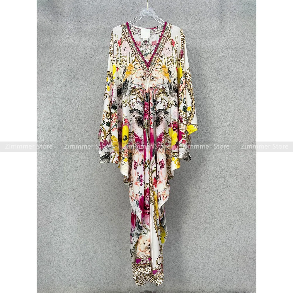 Australian niche noblewoman floral print V-neck bat long sleeve loose silk dress long dress