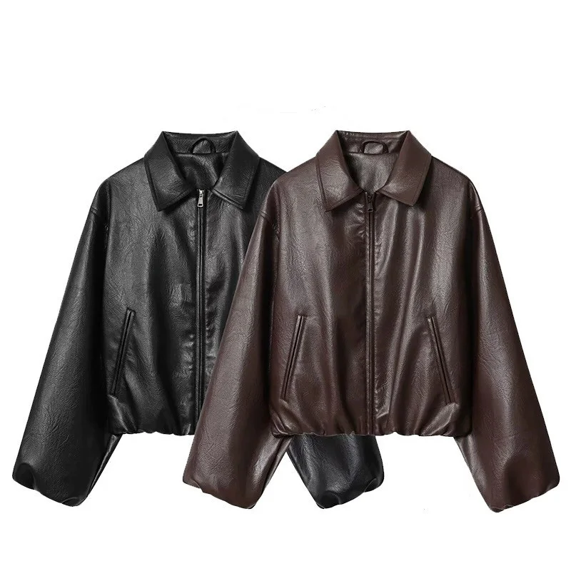 PRINTKAOIR 2025 уличная женская куртка-бомбер из искусственной кожи с воротником-стойкой, шикарная верхняя одежда с длинными рукавами, эластичный подол, женский модный топ