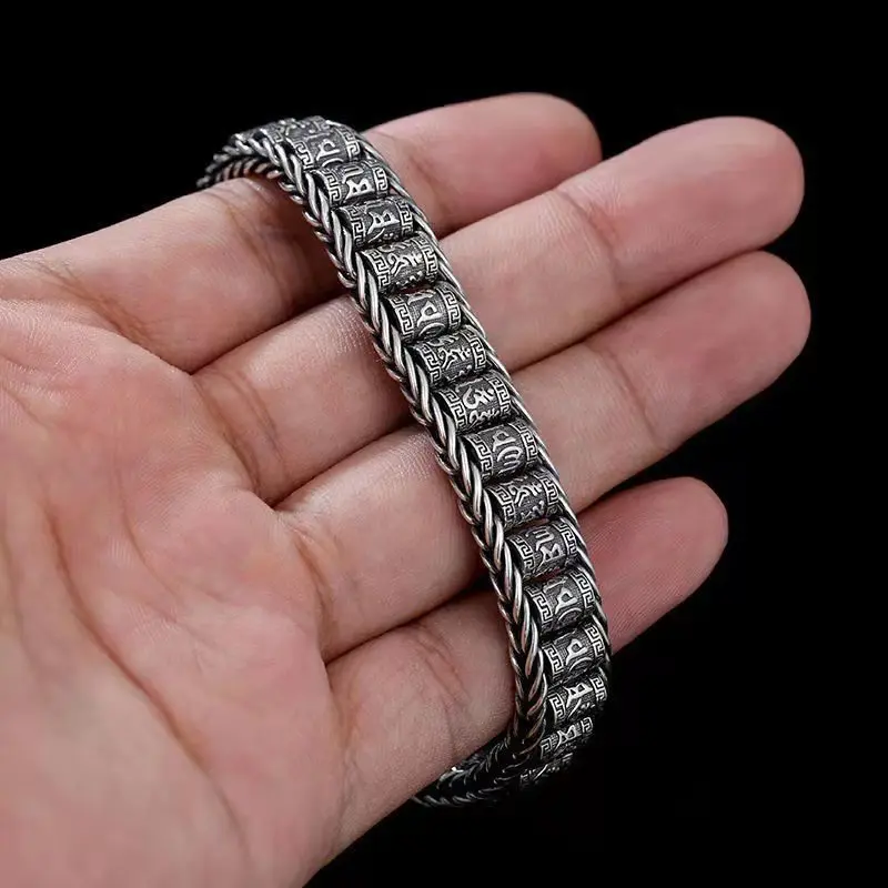 S925 Sterling Silver Handmade Passepartout Prayer Wheel Bracelet Men Transfer Beads Six-Character Mantra Luxurious Retro Bangle
