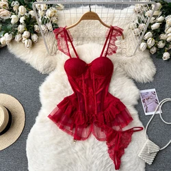 Summer Sexy lingerie Retro Western Style Spicy Girl Pure Desire Style Lace Mesh Ruffle Edge Waist Wrapped Chest Strap Dress