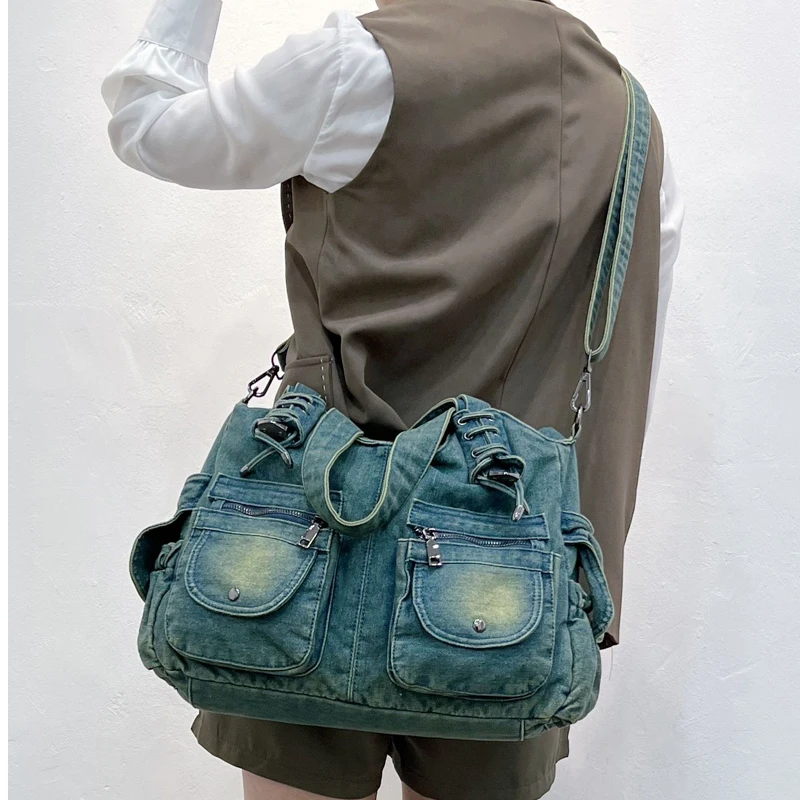 

iPinee Y2K Vintage Blue Denim Crossbody Shoulder Bag for Women Large Capacity Casual Style Jean Wallet Purse
