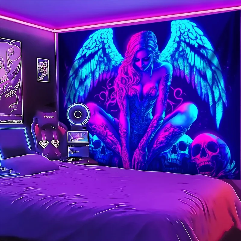 VIKAMA Cyberpunk Engel-Totenkopf Wandteppich Neon Trippy Kunst Gaming-Raum Deko Ästhetischer Wandbehang Schlafzimmer Stoffbanner