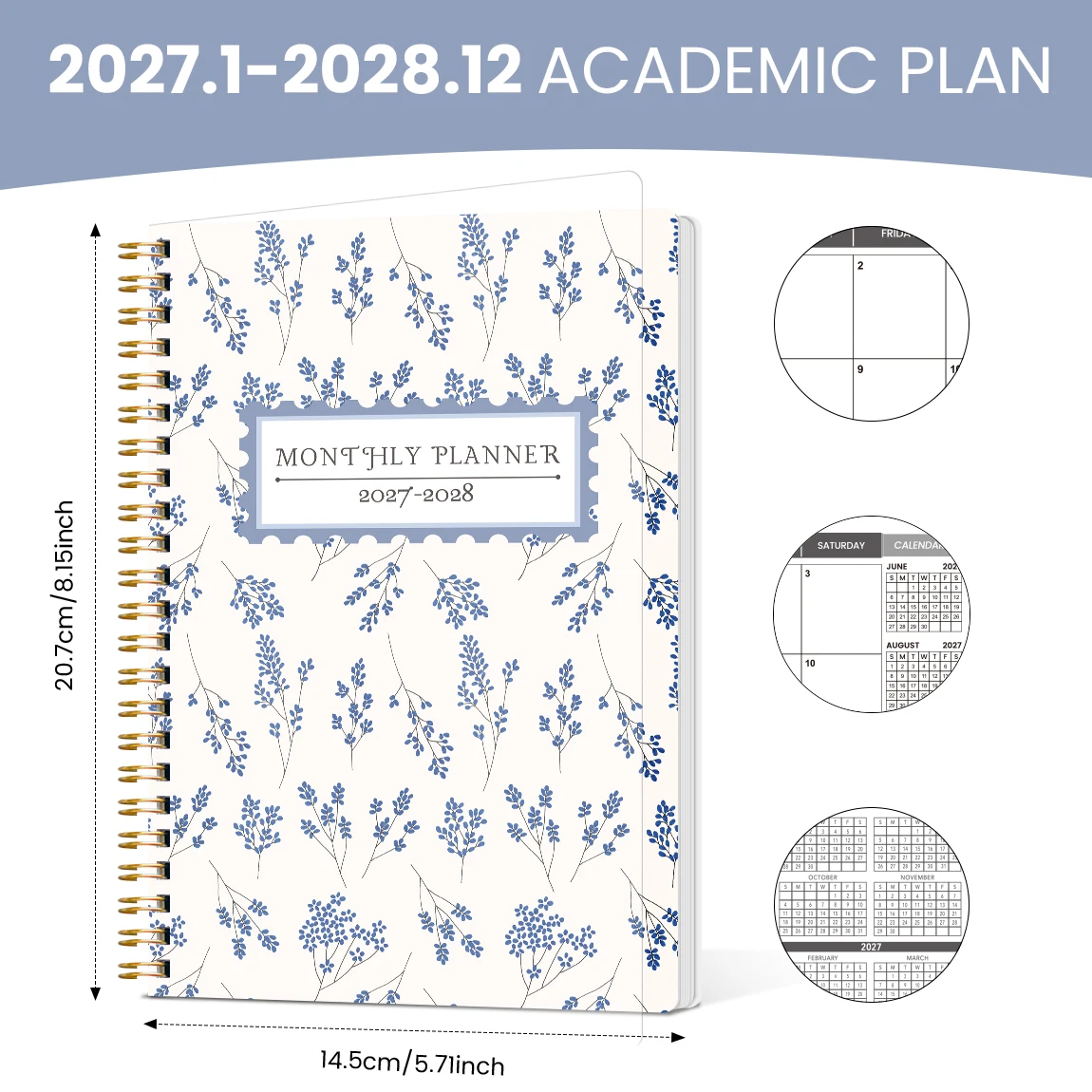 1PC 2027-2028 Monthly Planner, Blue Floral A5 Spiral Calendar Notebook with Notes Pages for School, Work & Daily Planning