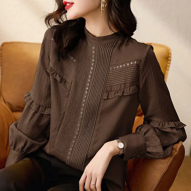 Fashion Pleated Lace Basic Shirt Spring Autumn Solid Color Stand Collar Women\'s Clothing Commute Korean Ruffles Spliced Blouse