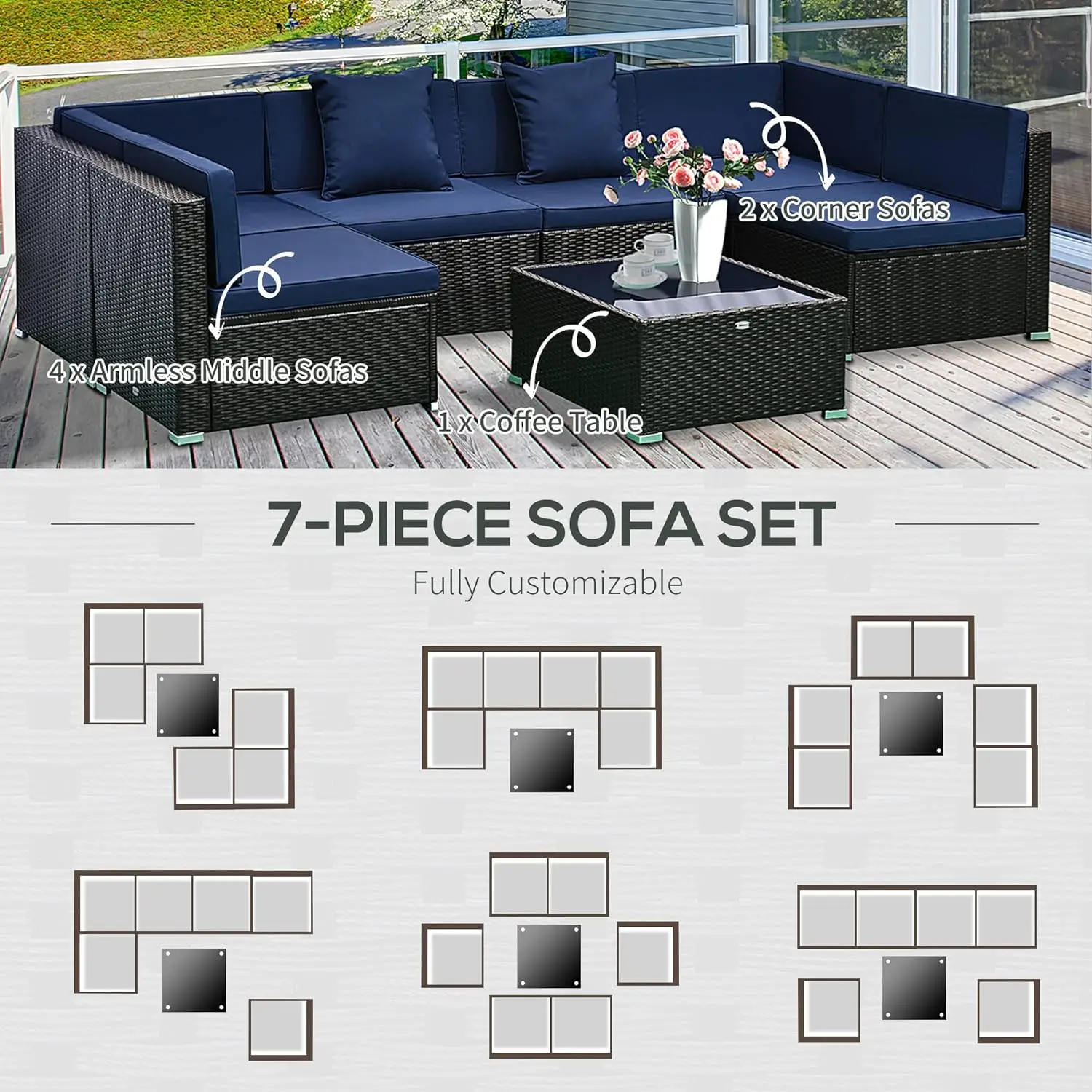 7-Piece Patio Furniture Sets Outdoor Wicker Conversation Sets All Weather PE Rattan Sectional Sofa Set with Cushions & Tempered