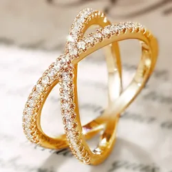 Huitan Simple Stylish Cross Shape Cubic Zirconia Rings for Women Fashon Female Finger Accessory Wedding Bands Statement Jewelry