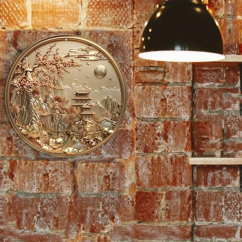 Decorative Aluminum Metal Sign, Wall Art with Asian-Inspired Scene, Round Door Hanger, Wreath Sign, Versatile Decor