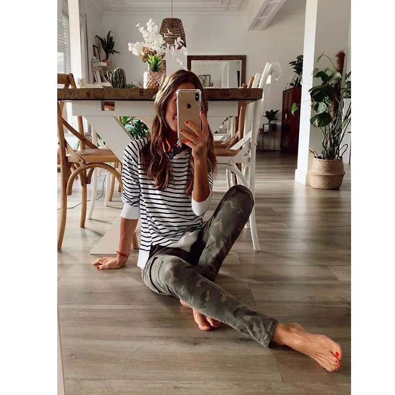 25 Years Autumn Winter New Striped Print Loose Comfortable Long Sleeve T-Shirt 9013