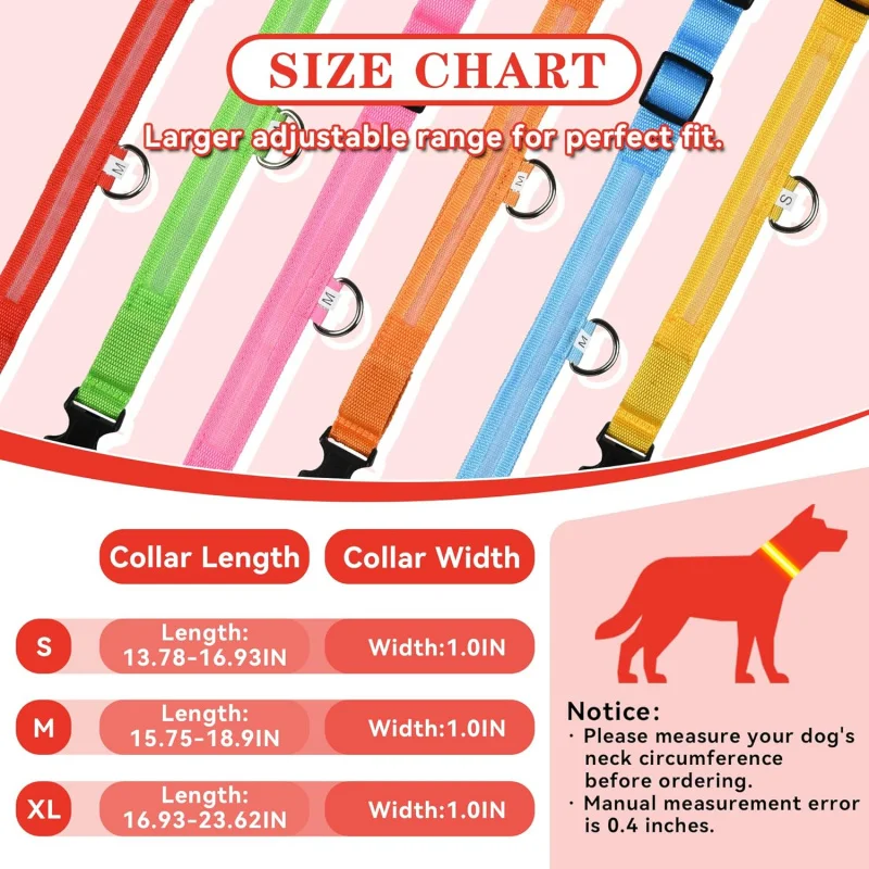LED Dog Collar Rechargeable Waterproof Reflective Light Up for Night Walking USB Charging Small Medium Large Dogs Medium Red