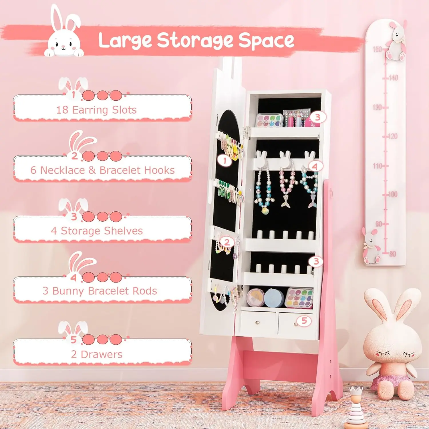 Kids Vanity Set & Jewelry Armoire Cabinet, Wooden Kids Vanity Table and Chair Set, Standing Jewelry Organizer with Full