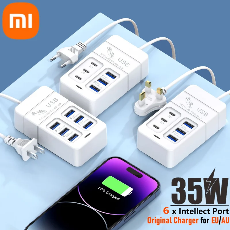 Xiaomi 35W 6-port USB Type-C Charger USB 3.0 Wall Charger PD Fast Charger Adapter EU US Plug for Mobile Phone Laptop Tablet 2024