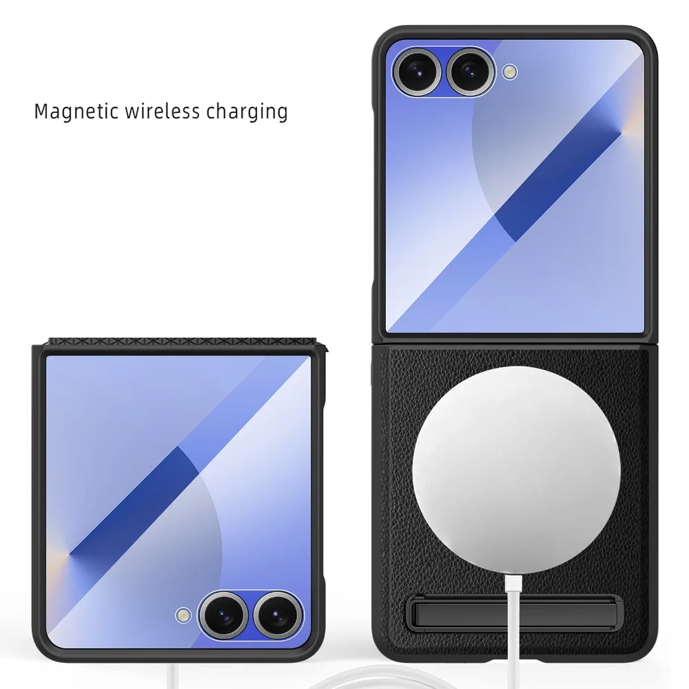 Magnetyczne etui z bezprzewodowym ładowaniem i funkcją podpórki do telefonu Samsung Galaxy Z Flip 8, Flip 7, 6, 5, z ochronną folią na szkło i skórzaną obudową. — zdjęcie produktu 5