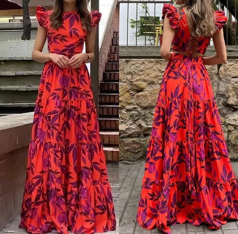 Robes pour femmes printemps nouvelle mode imprimé tempérament manches volantes taille haute robe longue décontractée