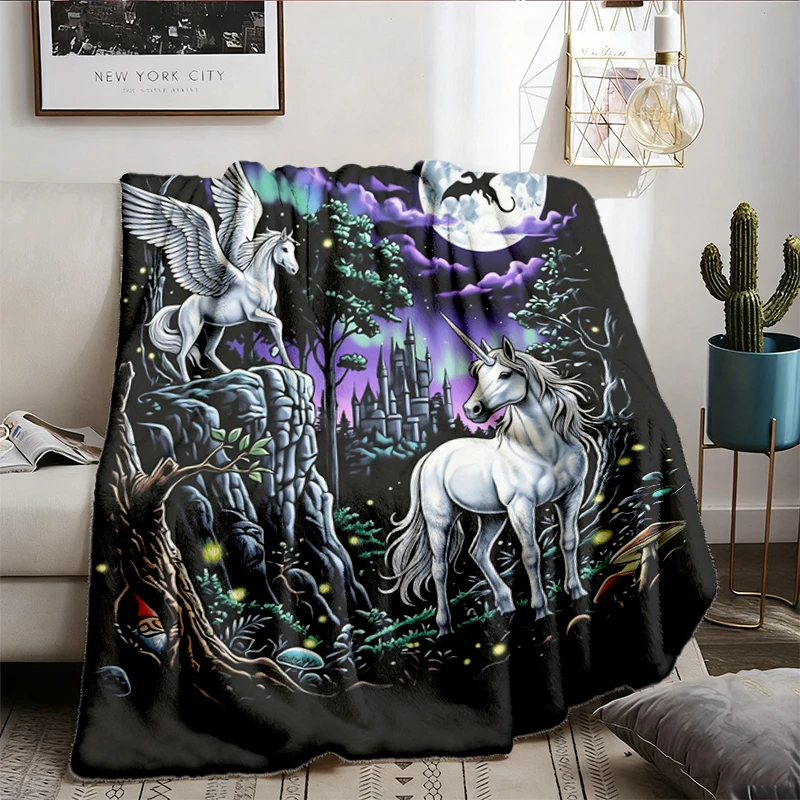 90s Fantasy Unicorn Flannel Blanket - Men & Women's Unisex Graphic Flannel Blanket - Vintage Whimsical Flannel Blanket