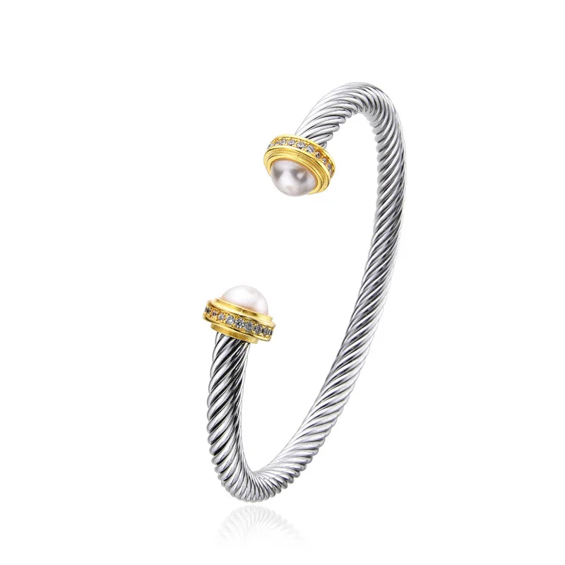 LENNIKHigh End، طراز فاخر خفيف، سوار مفتوح من الفولاذ المقاوم للصدأ مع لمسات ذهبية وفضية، حبل سلك فولاذي لؤلؤي