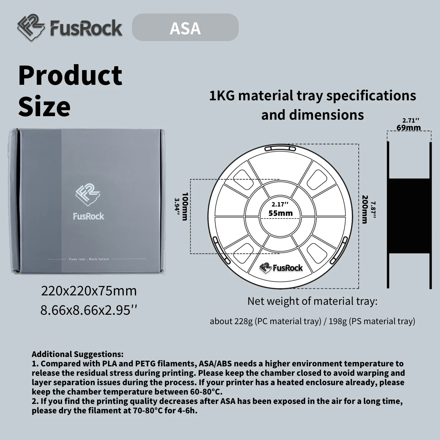 FUSROCK  3D Printer Filament ASA Weather and Chemical Resistant Super Stiff Engineering Printing Plastic Replace ABS Upgrade