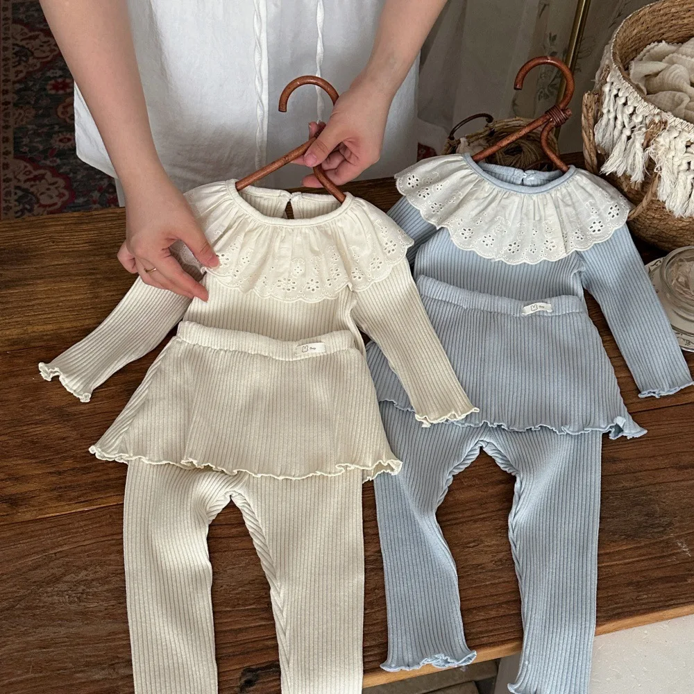 2026 Spring Fall Ins Style 0-4Y Baby Girl 2Pcs Outfit Ruffle Tops dress Pants Children Sets Soft Knit Daily Casual Kids Clothes