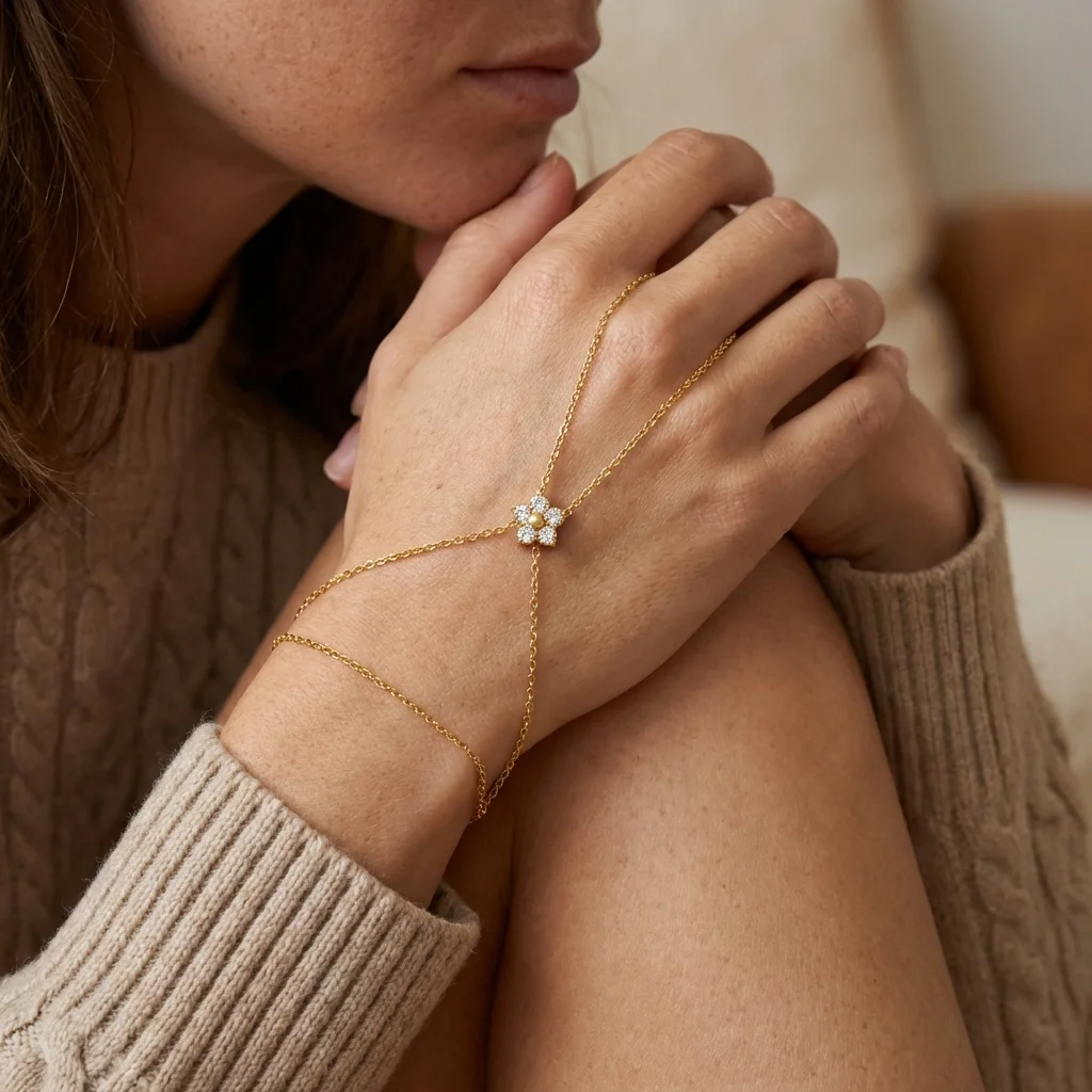 

Dainty Zircon Flower Hand Chain for Women Stainless Steel Double Layer Finger Bracelet Coquette Fairycore Jewelry