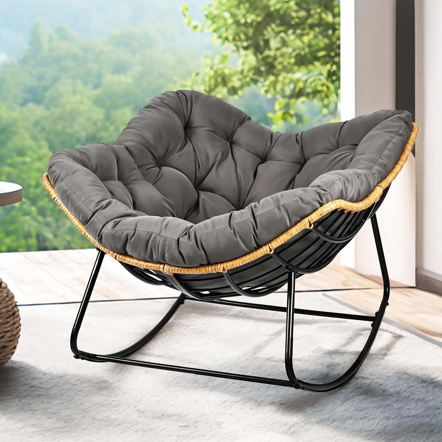 Egg-Shaped Outdoor Rocking Chair, Patio Rocking Chair with Thick Cushion, Modern Indoor Papasan Rocking Chair, Lounge Rocker