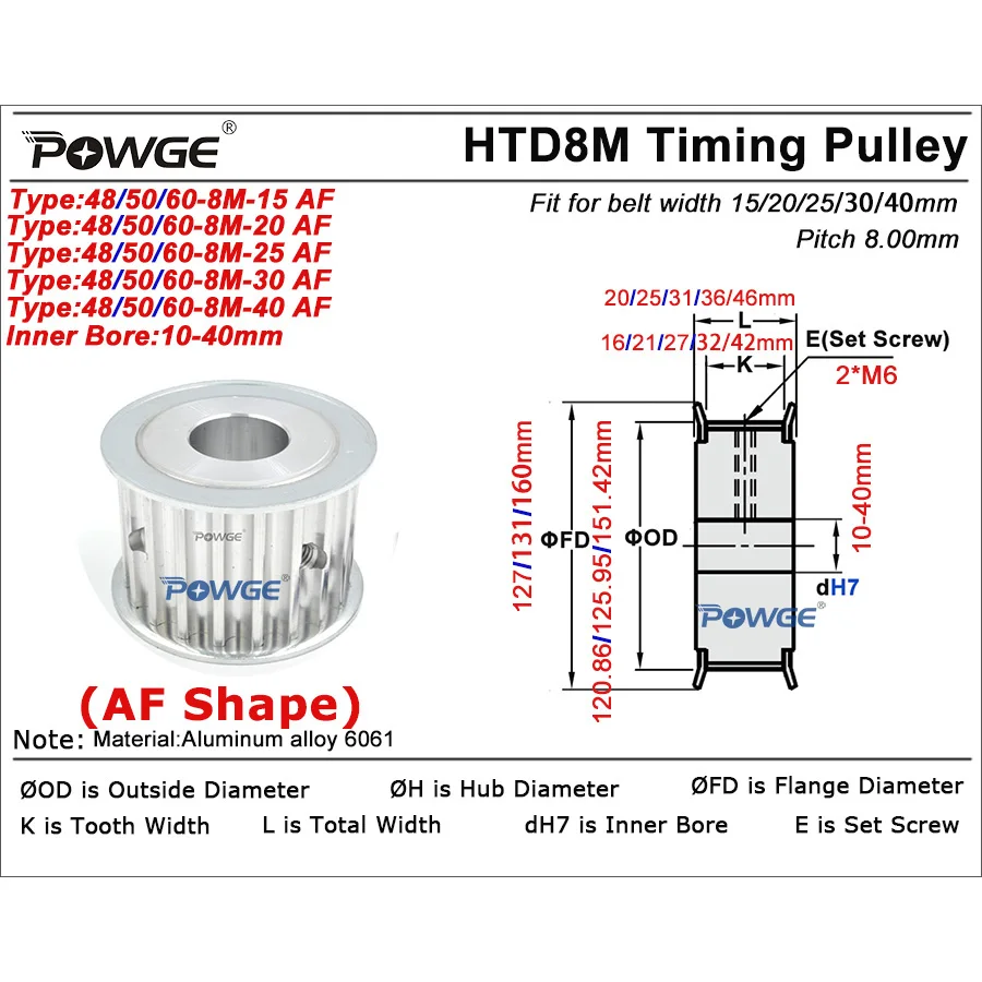 POWGE HTD 8M 48 50 60 teeth Timing Pulley Bore 10-40mm for HTD8M belt width 15/20/25/30/40mm 48T 50T 60T 48Teeth 50Teeth 60Teeth