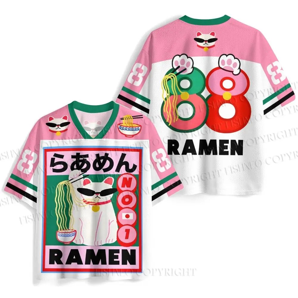 Lucky Cat Ramen Baseball Jersey Japanese Style Pink White Colorblock Button Up Short Sleeve Streetwear Shirt