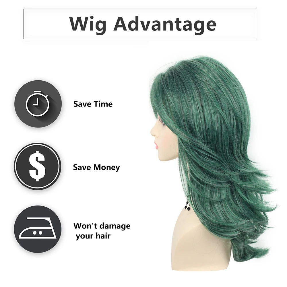 Peruca Sintética Verde de Alta Qualidade de 19 Polegadas com Camadas Onduladas, Adequada para Uso Diário, Festas e Cosplay, Natural e Resistente ao Calor