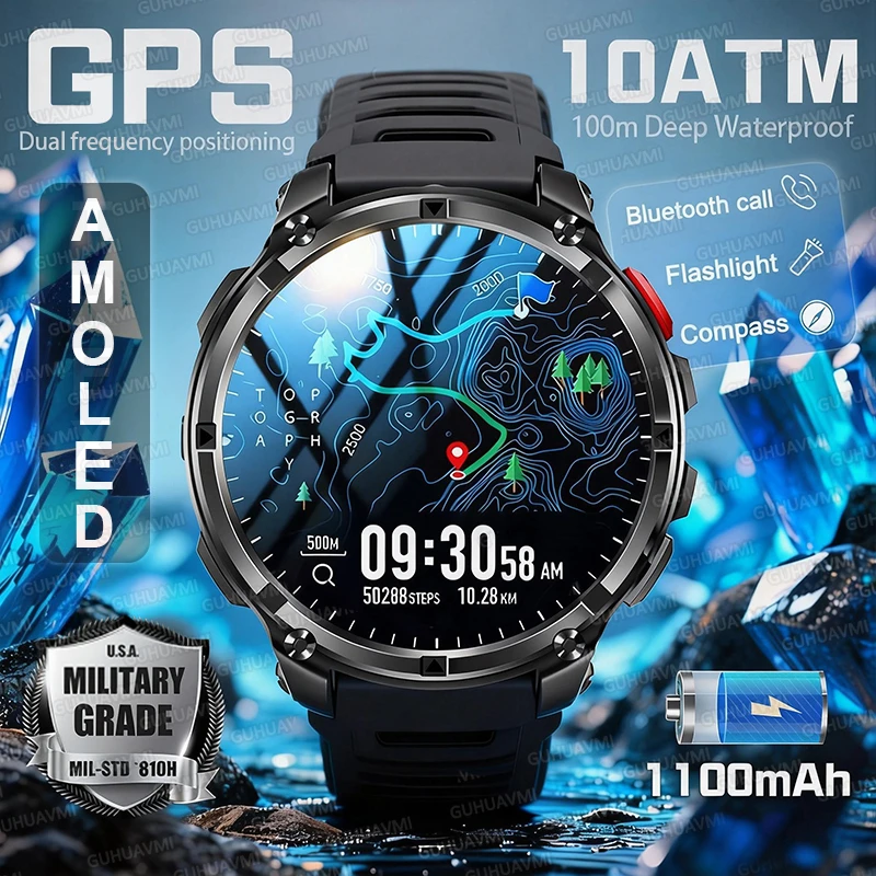 

New Military Men 1100mAh Durable Battery Smart Watch With GPS Compass 10ATM Waterproof 1.7"AMOLED Screen Outdoor Swim Smartwatch