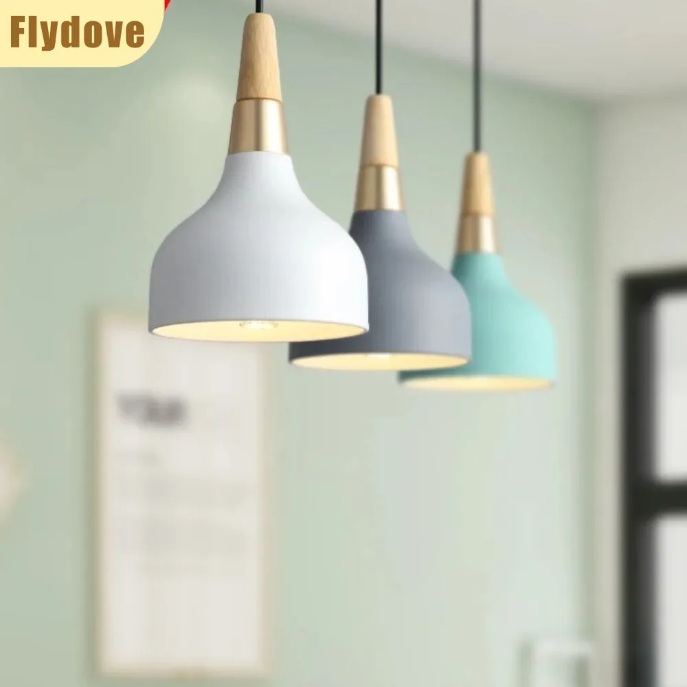 

Modern macaron colored LED metal pendant light E27 minimalist hotel store bar restaurant bedside decoration wooden light