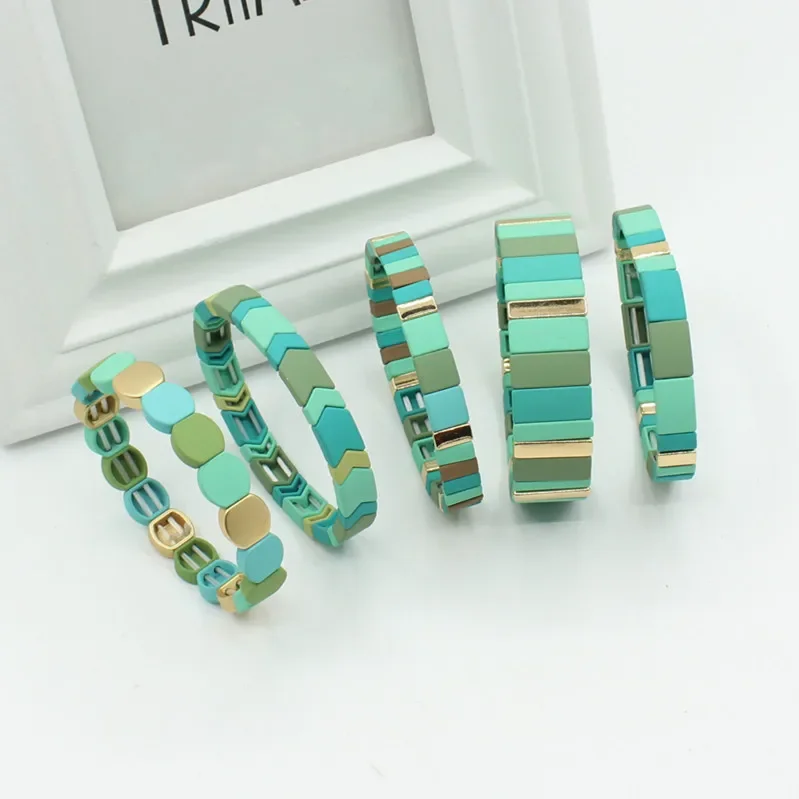 Enamel Cool Color Matte Macaron Green Series Fashion Women's Bracelet Bangle DIY Handmade Beads Charm Yoga Elastic Bracelet