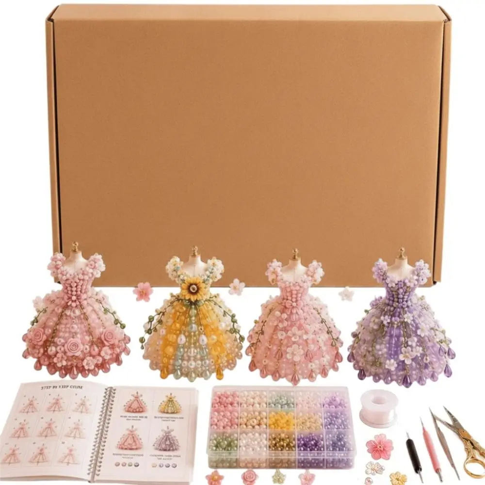 Tiny Beads 3D Beaded Dress Kit Cute Design Dress Shape Handmade Bead Art Kit Creative Craft 3D Beaded Ornament Set Home Decor