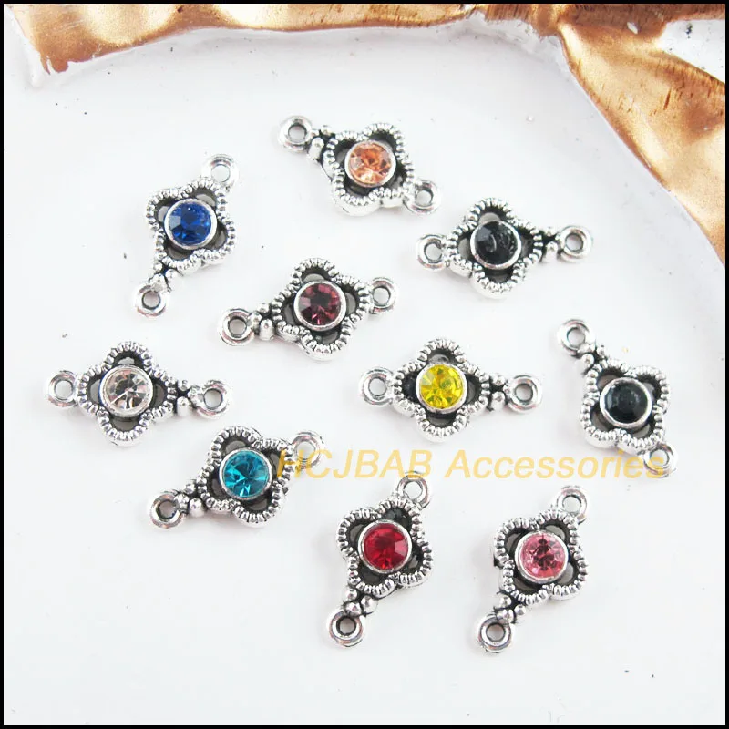 30Pcs Tibetan Silver Plated Retro Clover Mixed Crystal Charms Connectors 8x15mm