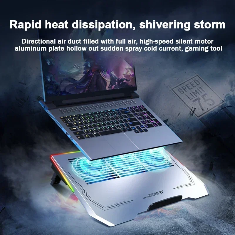 Gaming Laptop Cooling Pad 3 Fans Notebook Cooler With RGB Light Portable Height Adjustable Notebook Stand for 12-18'' Computer