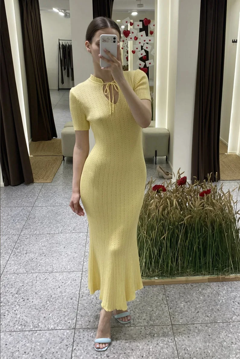 

DSMTRC Elegant Sweater Dresses 2025 Summer New Female Slim Hollow Retro Short Sleeve Knitted Long Dress High Waist Women Vestido