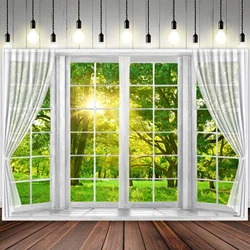 Natural forest landscape, white window with static background, green grass photo booth banner props