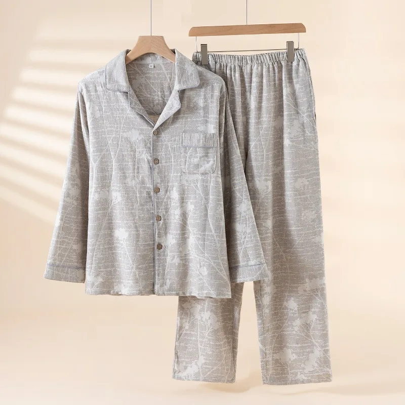 Cotton-Linen Yarn-Dyed Pajama Set. Classic Button-Front Lapel Top & Pants Breathable Multi-Season Couple's Home Wear Casual