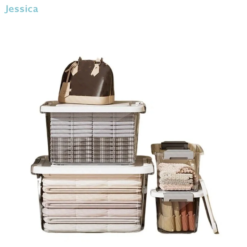 ♥ صندوق تخزين بلاستيكي شفاف مع غطاء صندوق منظم قابل للتكديس، حاوية شفافة للمنزل، تنظيم المطبخ والخزانة