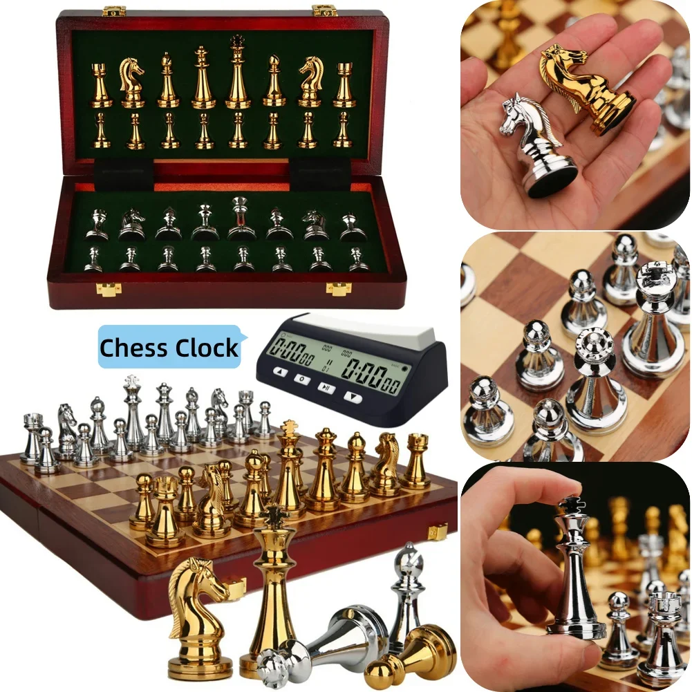 Metal Medieval Chess Set with High Quality Wooden Chessboard Adult and Children 32 Metal Chess Pieces Family Game Toy Gift