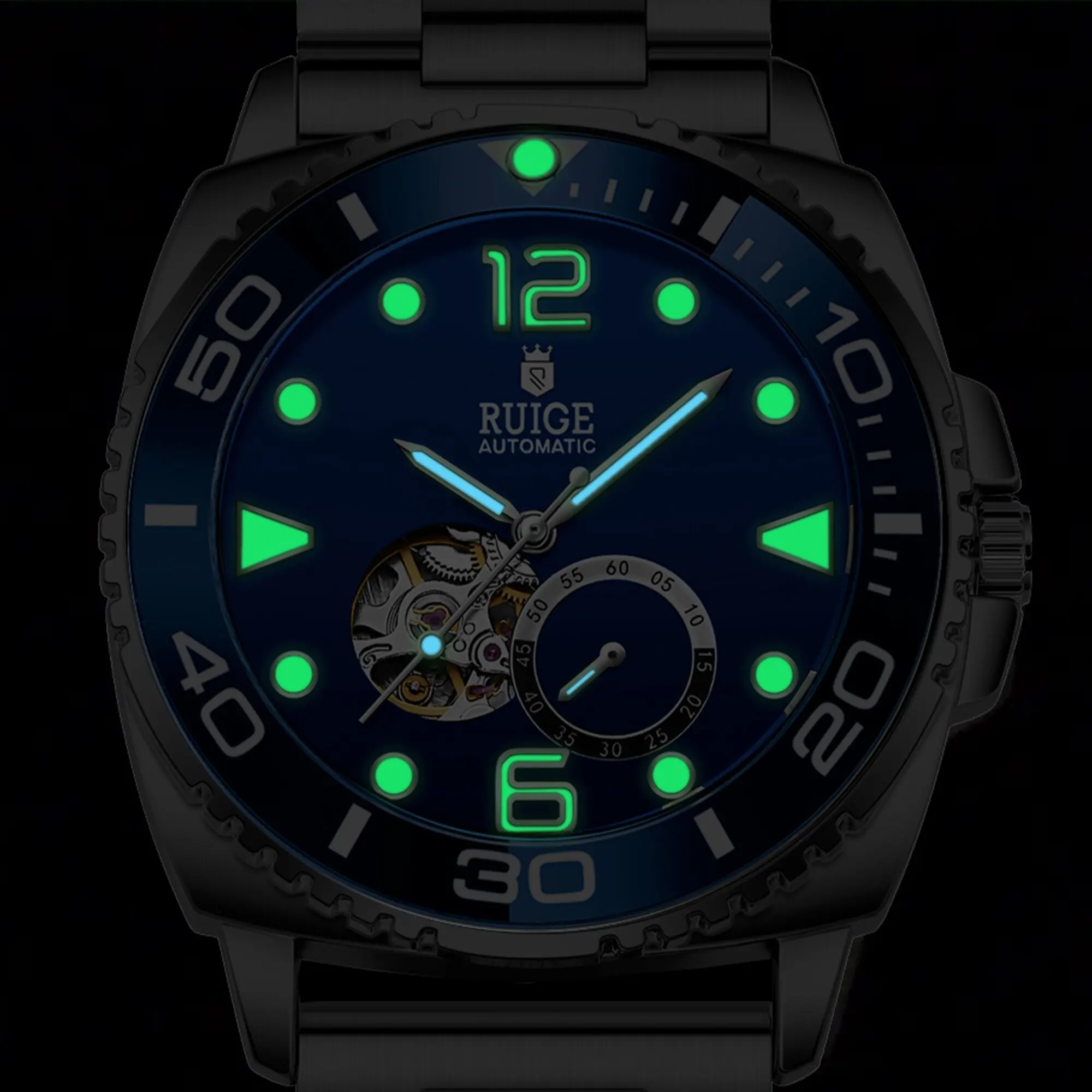 RUIGE Автоматические механические часы с полым ремешком из нержавеющей стали, четырьмя иглами, светящиеся, модный темперамент для мужчин