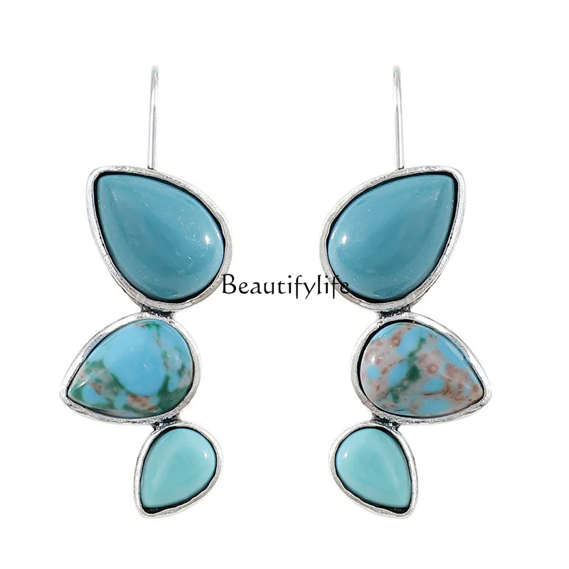 

Retro bohemian wind drop earrings, European and American personality simple inlaid turquoise earrings