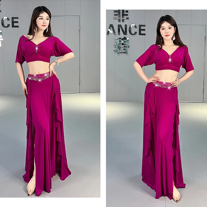 Belly Dance Worksuit Practice Clothes Top and Skirt 2 Pieces Set Training Suit Set For Adult Women Dancing Stage Performance