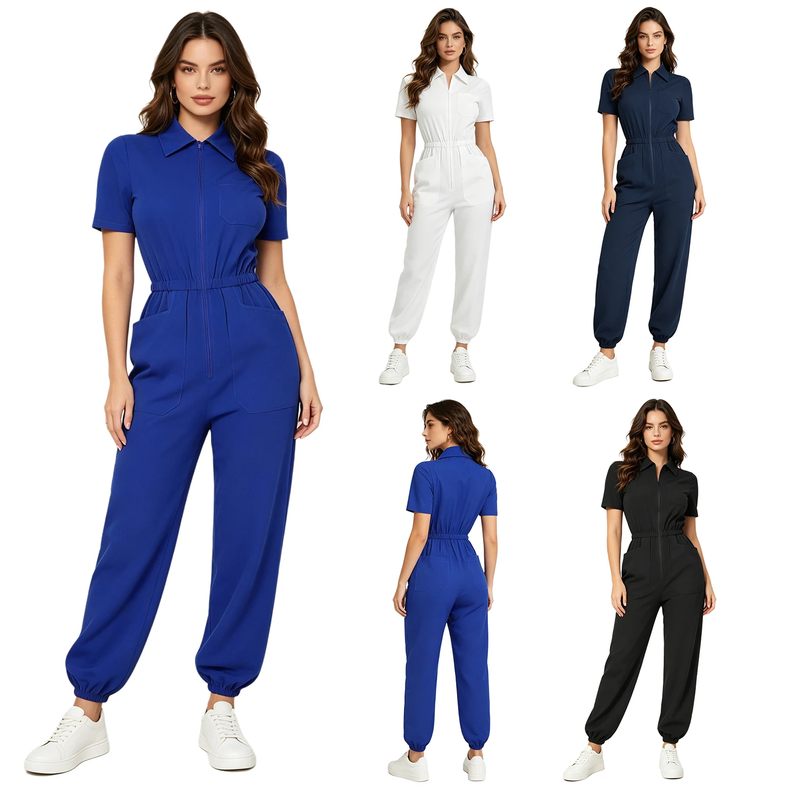 

Womens Nurse Doctor Workwear Medical Uniform Short Sleeve Scrubs Jumpsuit Multi-pocket Front Zipper Elastic Waist Pants Rompers