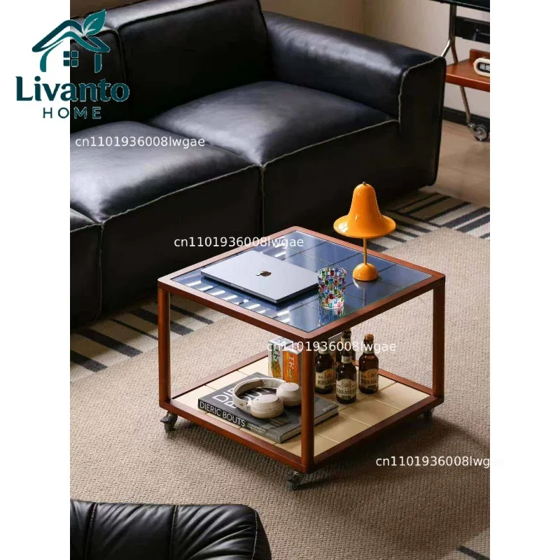 2026 new living room coffee table retro style household small apartment movable solid wood glass side table