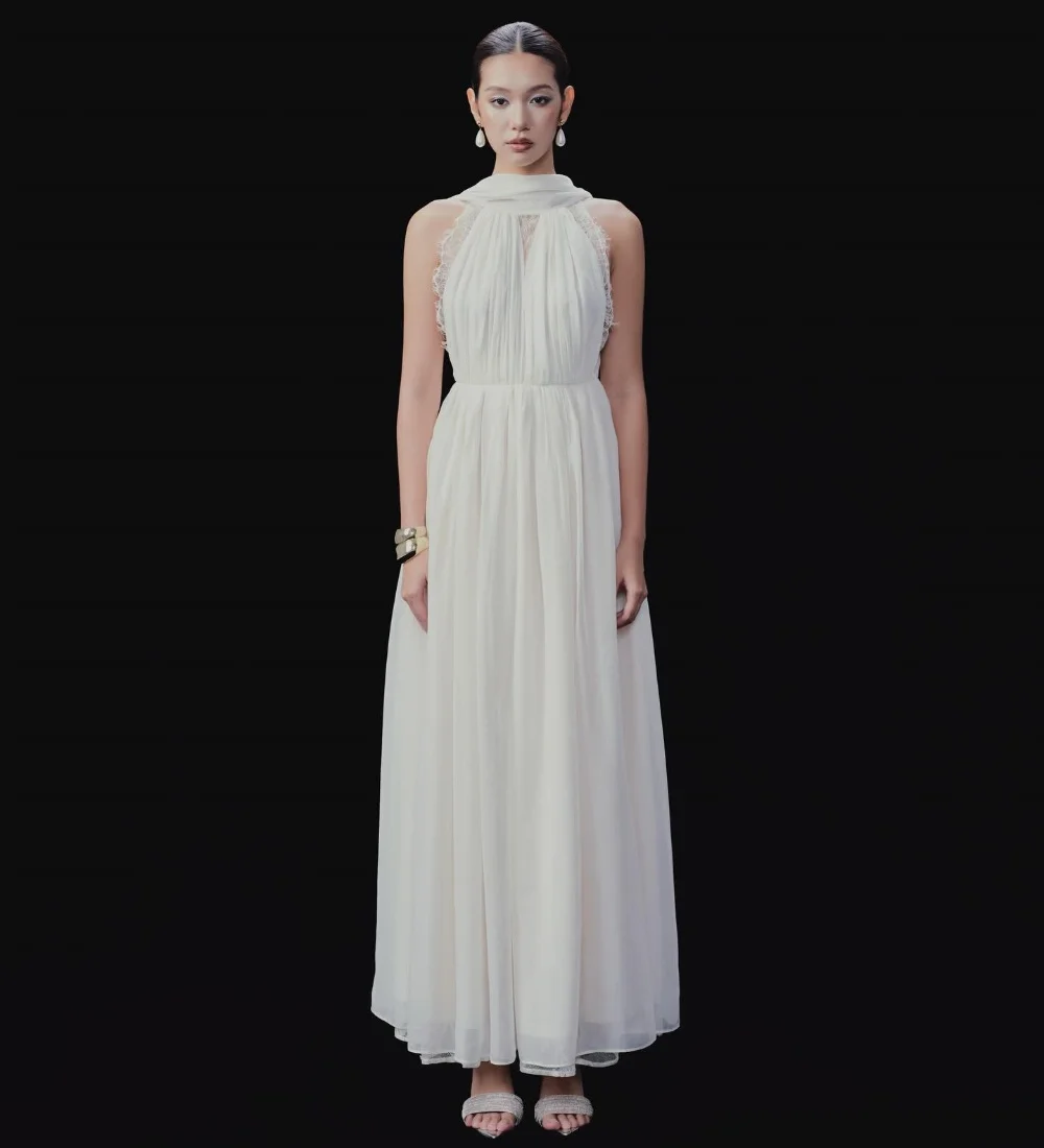 

Customized Formal Chiffon Lace Pleat A-line Halter Long Bespoke Occasion Prom Exquisite Chinese Style Exquisite