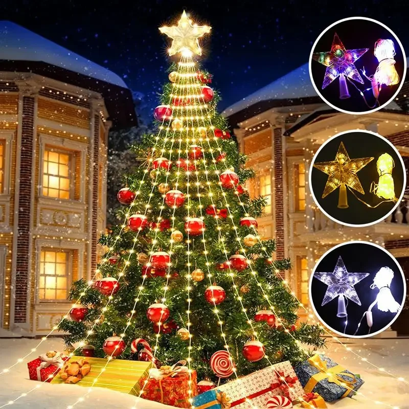 198 LED Star Waterfall Lights Indoor/Outdoor Christmas String Lights for Xmas Tree Ornaments Home Decor Navidad Gifts New year