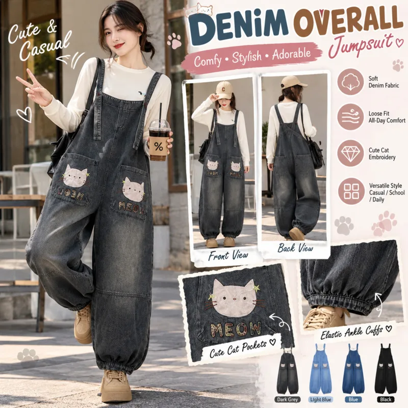 Denim Jumpsuit Pants Women Cat Embroidery Plus Denim Jeans Overalls Cute Loose Jumpsuit Long Casual Streetwear Trousers Pants