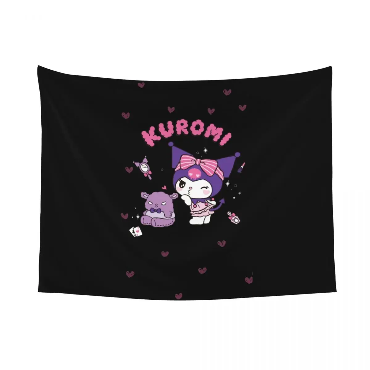 Customized Kuromi Cartoon Anime Heart Tapestry Hippie Room Decor Tapestries Wall Hanging for Dorm Home Decoration